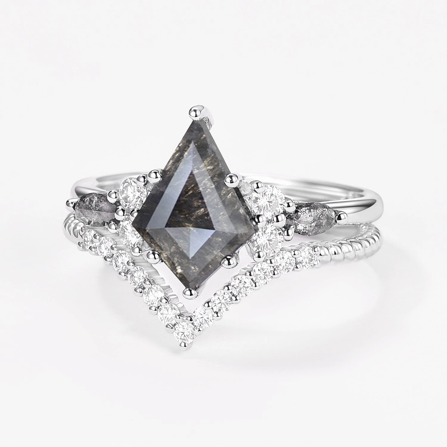 Dark Grey Kite Cut Salt and Pepper Diamonds Twist Engagement Ring Set 2pcs Timeless Accessory Timeless Geometry