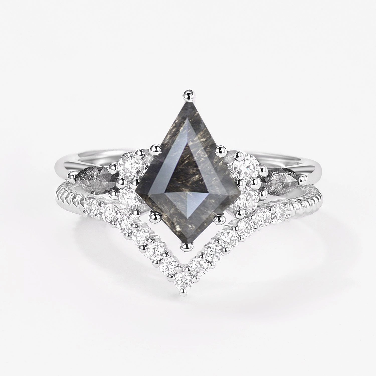 Dark Grey Kite Cut Salt and Pepper Diamonds Twist Engagement Ring Set 2pcs Bridal Accent
