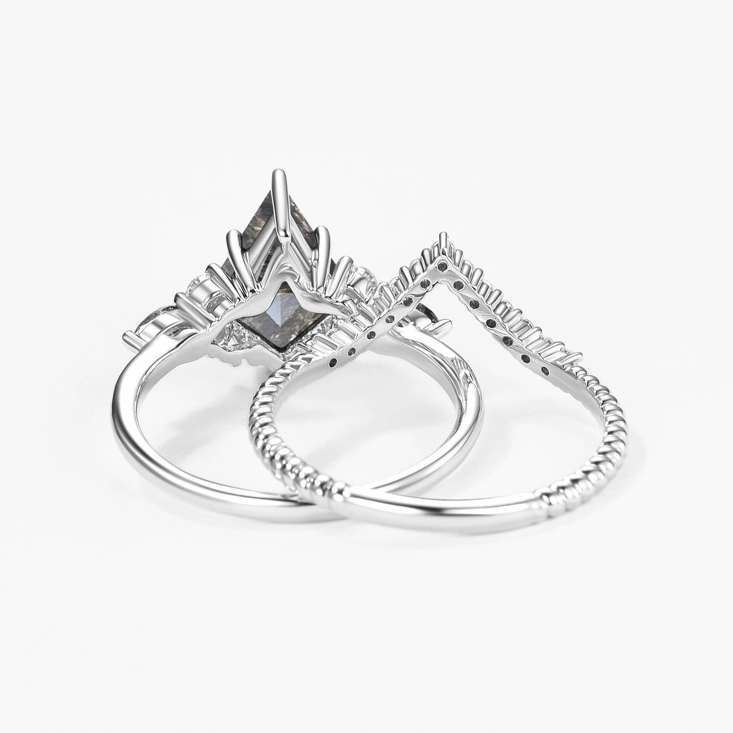 Dazzling Feature Trendy Addition Dark Grey Kite Cut Salt and Pepper Diamonds Twist Engagement Ring Set 2pcs