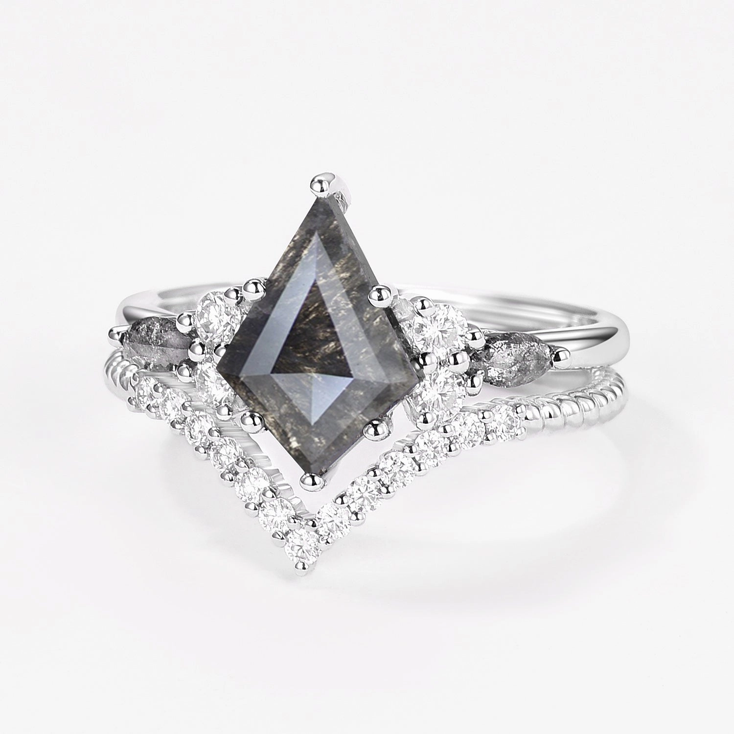 Natural Fit Dark Grey Kite Cut Salt and Pepper Diamonds Twist Engagement Ring Set 2pcs