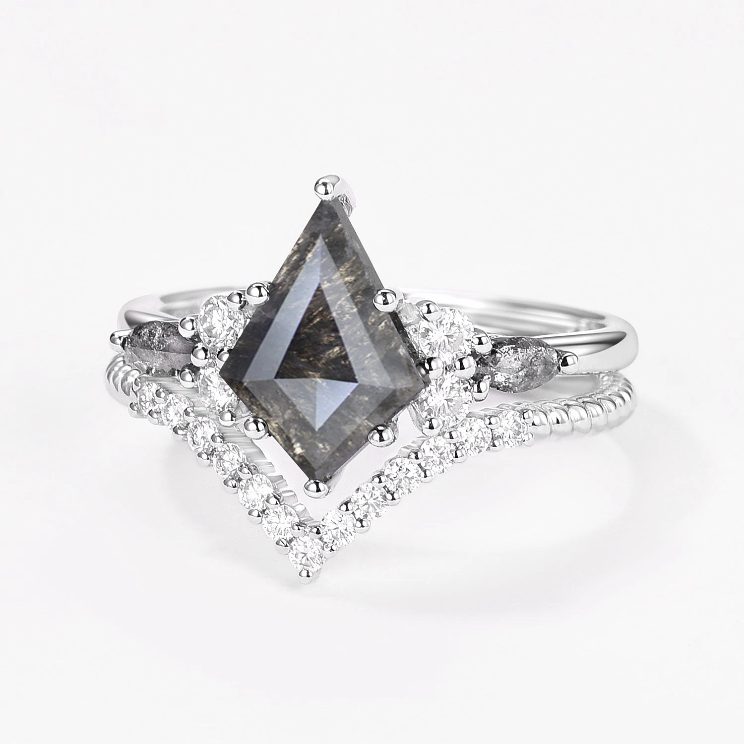 Daily Gift Party Gift Dark Grey Kite Cut Salt and Pepper Diamonds Twist Engagement Ring Set 2pcs