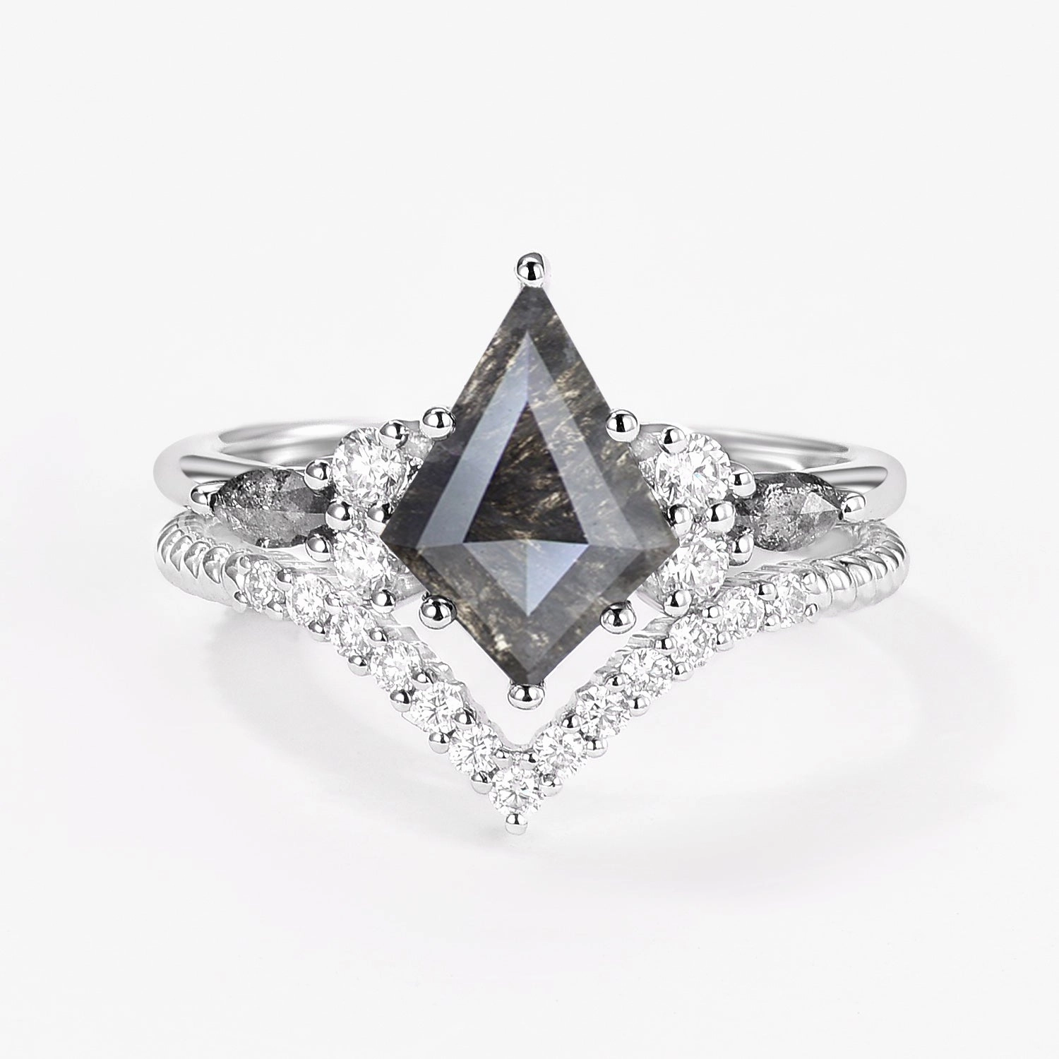Excellent Work Baroque Influence Dark Grey Kite Cut Salt and Pepper Diamonds Twist Engagement Ring Set 2pcs
