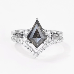 Dark Grey Kite Cut Salt and Pepper Diamonds Twist Engagement Ring Set 2pcs Bridal Accent