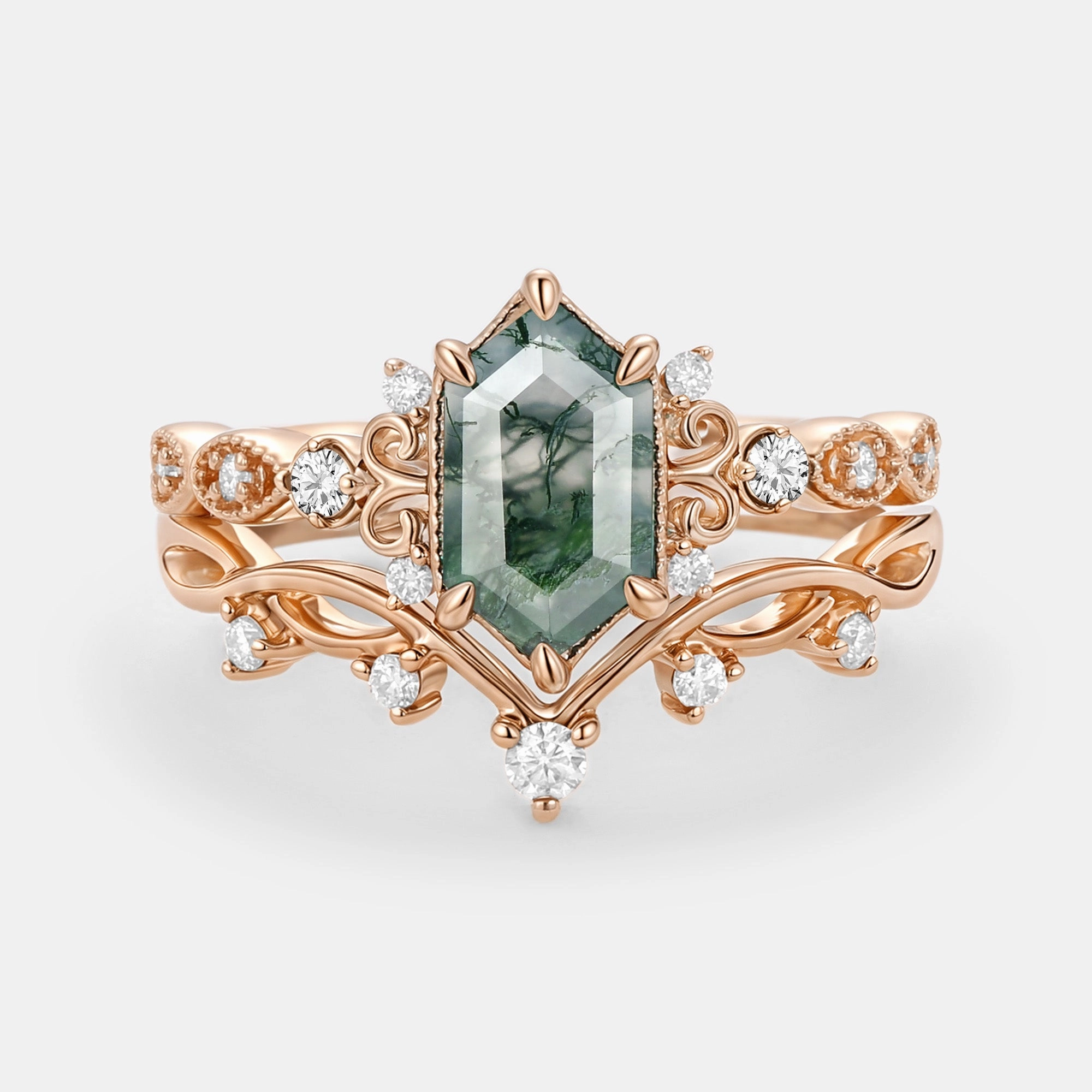 Long Hexagon Moss Agate Engagement Ring Set 2pcs - Beryl Casual Simplicity