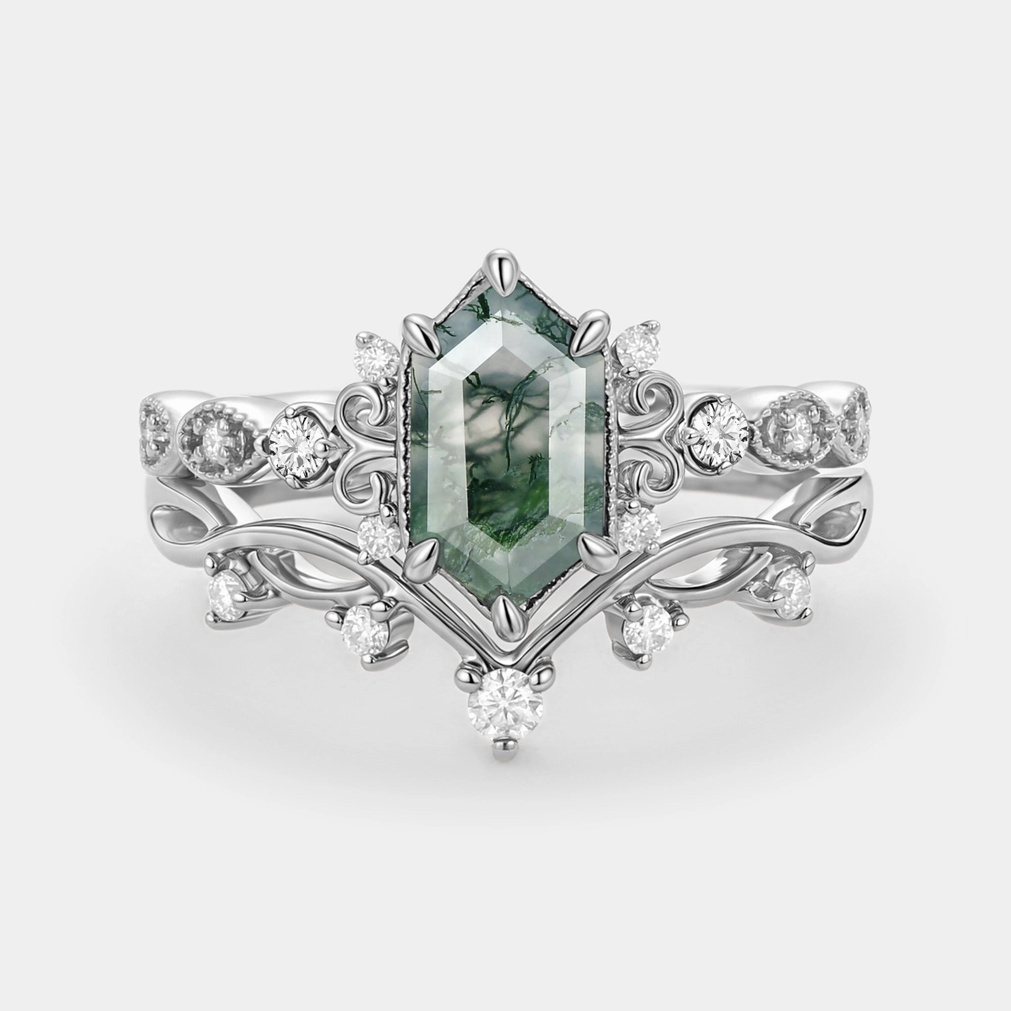 Long Hexagon Moss Agate Engagement Ring Set 2pcs - Beryl Trend Style Brilliant Finish