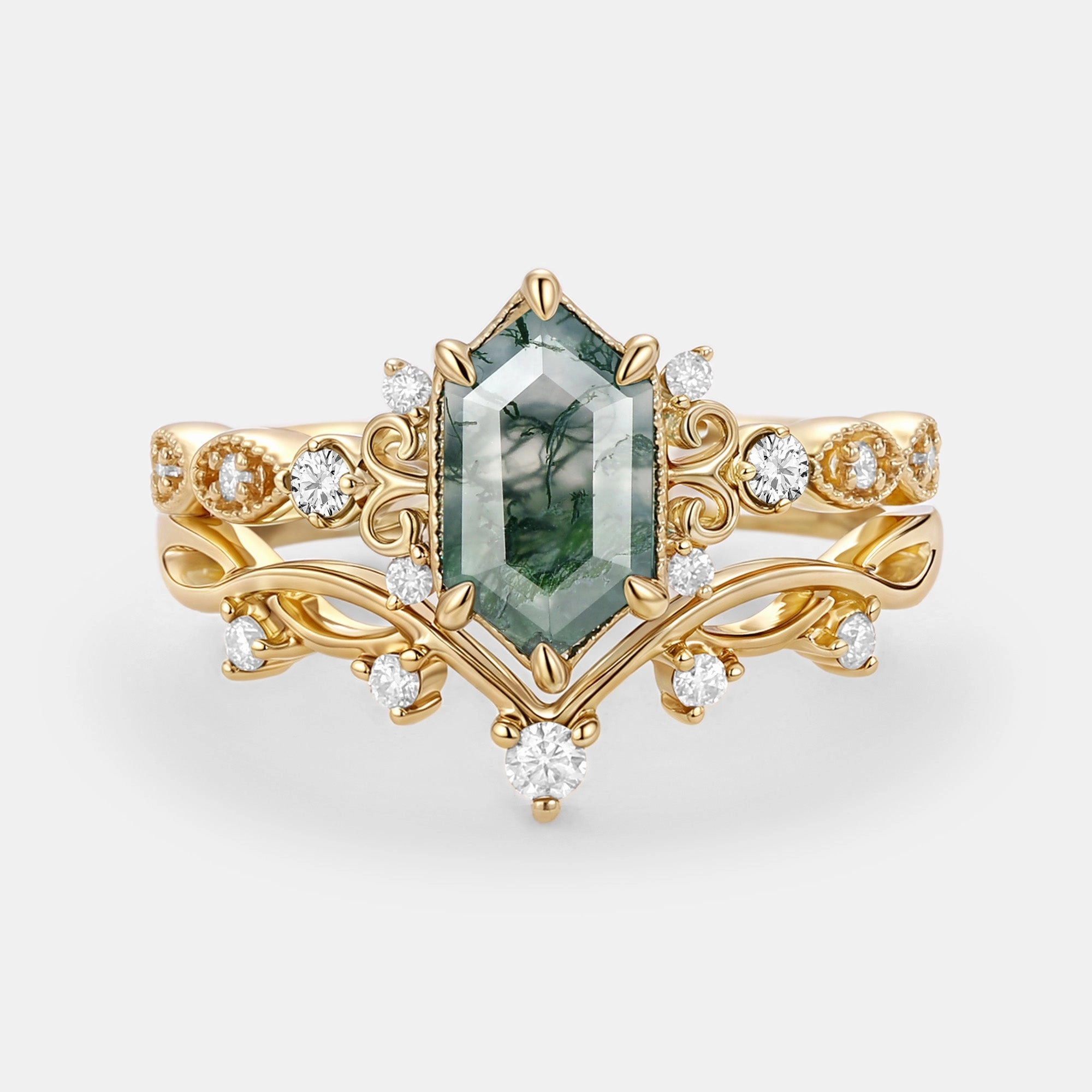 Long Hexagon Moss Agate Engagement Ring Set 2pcs - Beryl Effortless Piece Lustrous Sparkle