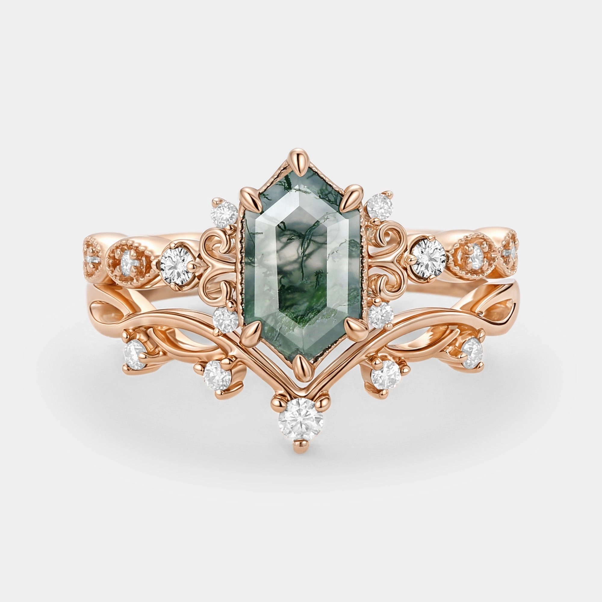 Fresh Sparkle Long Hexagon Moss Agate Engagement Ring Set 2pcs - Beryl