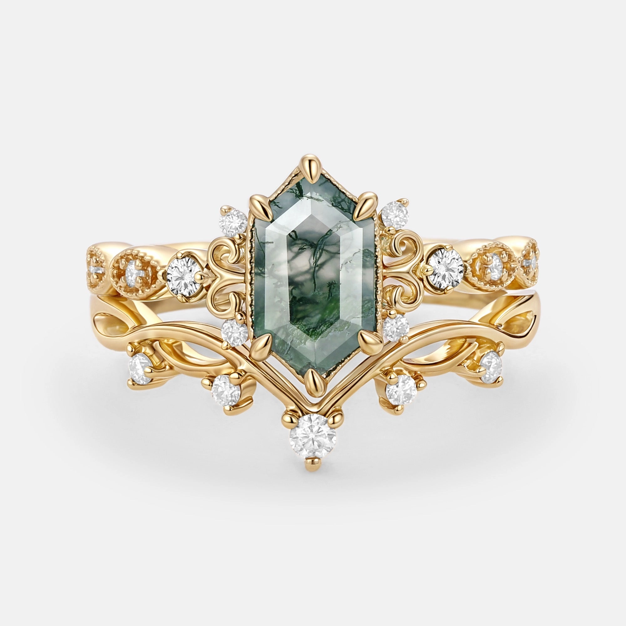 Elegant Snap Shine Accent Long Hexagon Moss Agate Engagement Ring Set 2pcs - Beryl