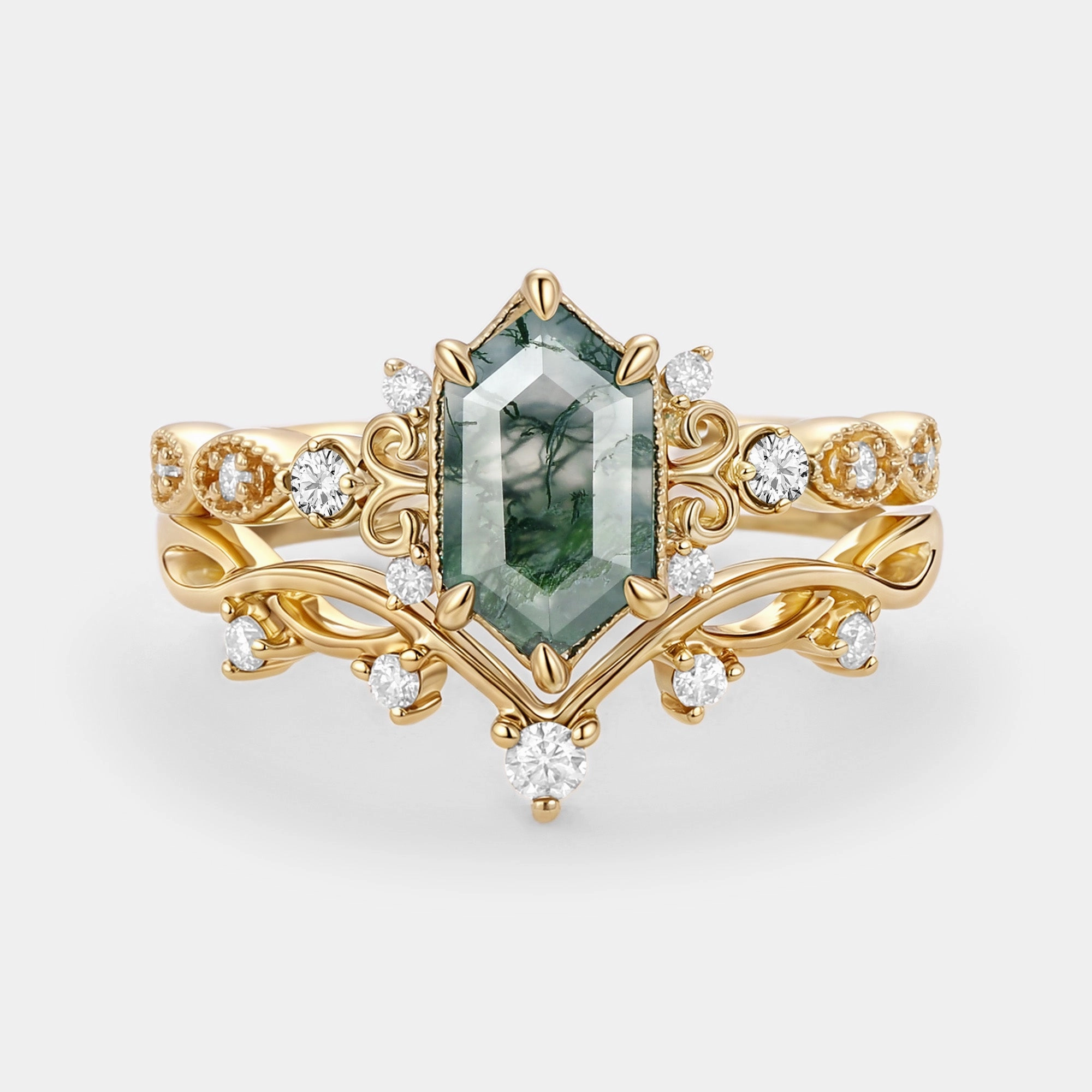 fashion lover Low-Cost Adornment Long Hexagon Moss Agate Engagement Ring Set 2pcs - Beryl