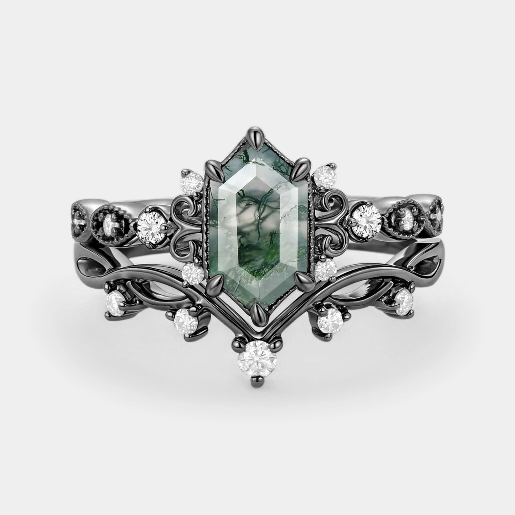 Night Accent Long Hexagon Moss Agate Engagement Ring Set 2pcs - Beryl