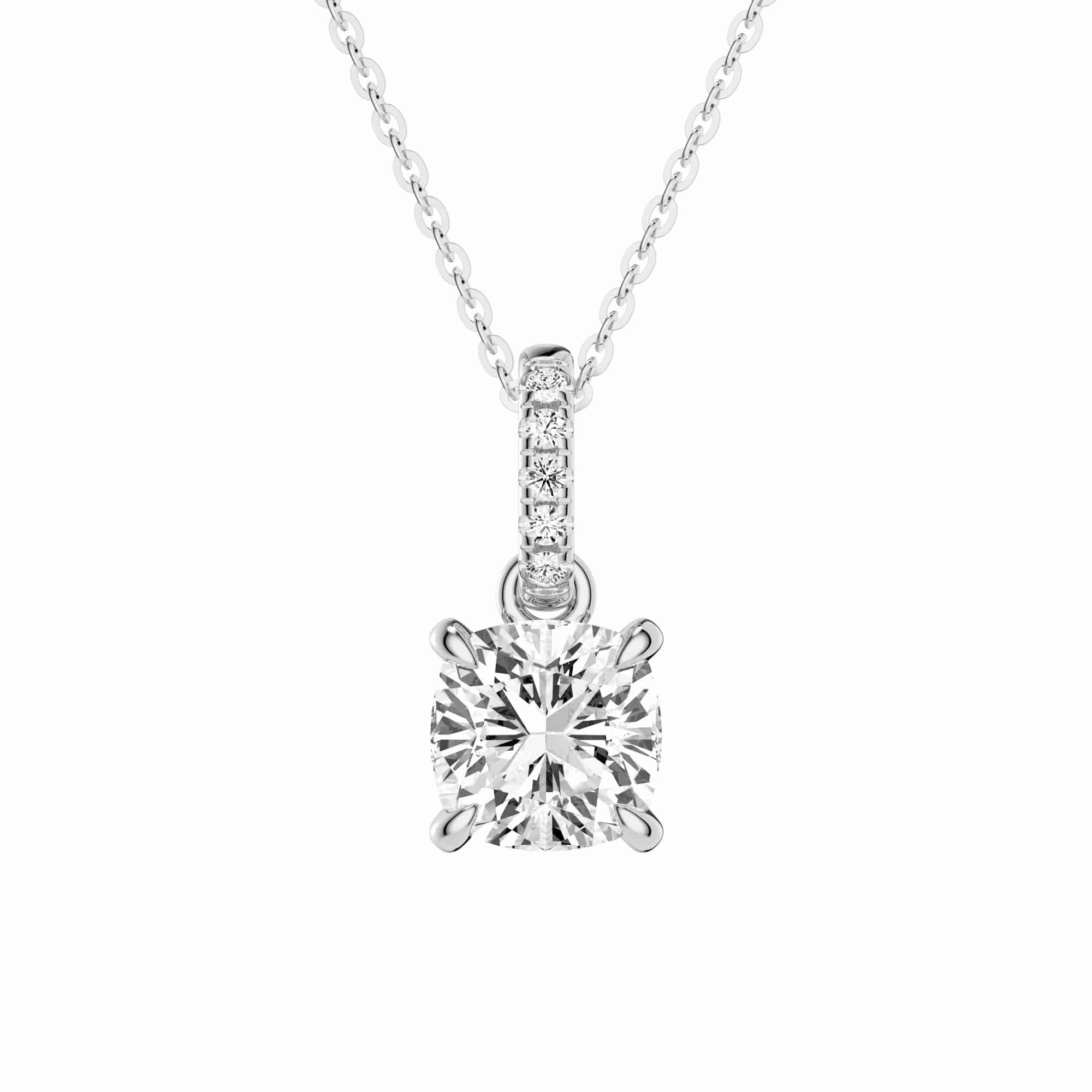 Finest Highlight Cushion Cut Moissanite Hidden Halo with Moissanite Bail Fashion Pendant Necklace