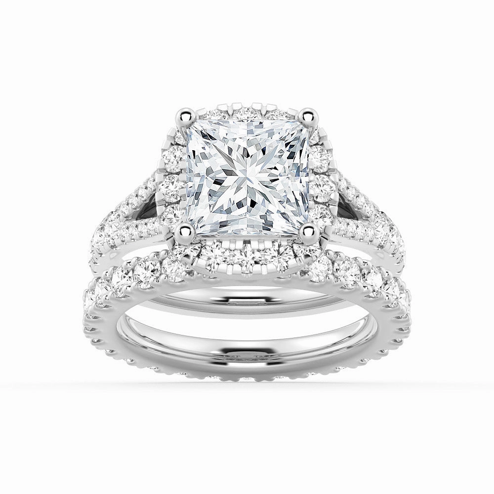 Princess Cut Split Shank Halo Moissanite Ring Set with Matching Wedding Band Lively Feature