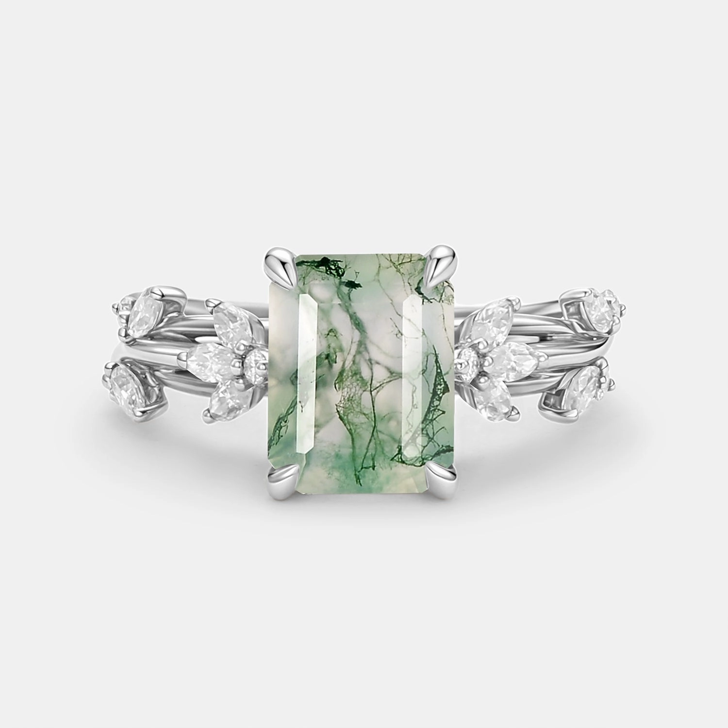 Emerald Cut Moss Agate White Gold Engagement Ring Sunset Look Crisp Detail