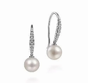 14K White Gold Diamond and Pearl Fish Wire Drop Earrings Lustrous Touch