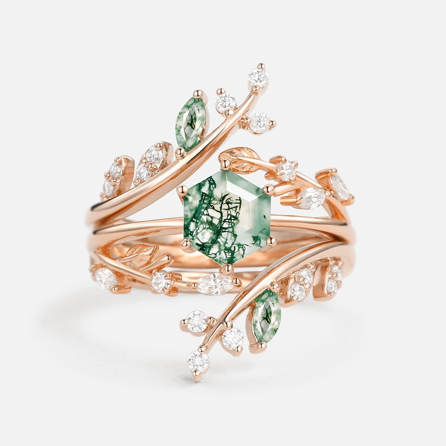 Leafy Hexagon Moss Agate Engagement Ring Set 2pcs Elegant Glow