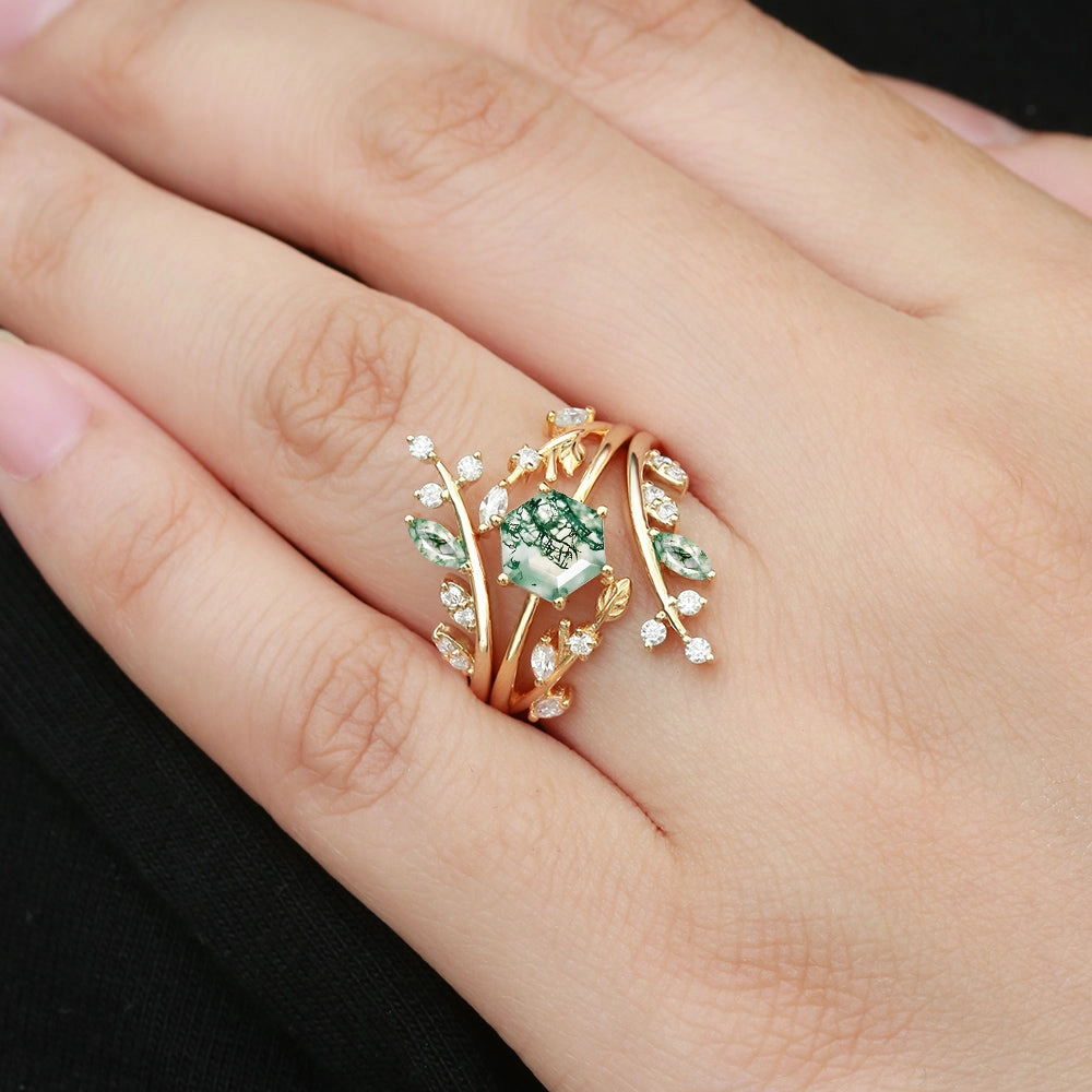 Leafy Hexagon Moss Agate Engagement Ring Set 2pcs Versatile Craft