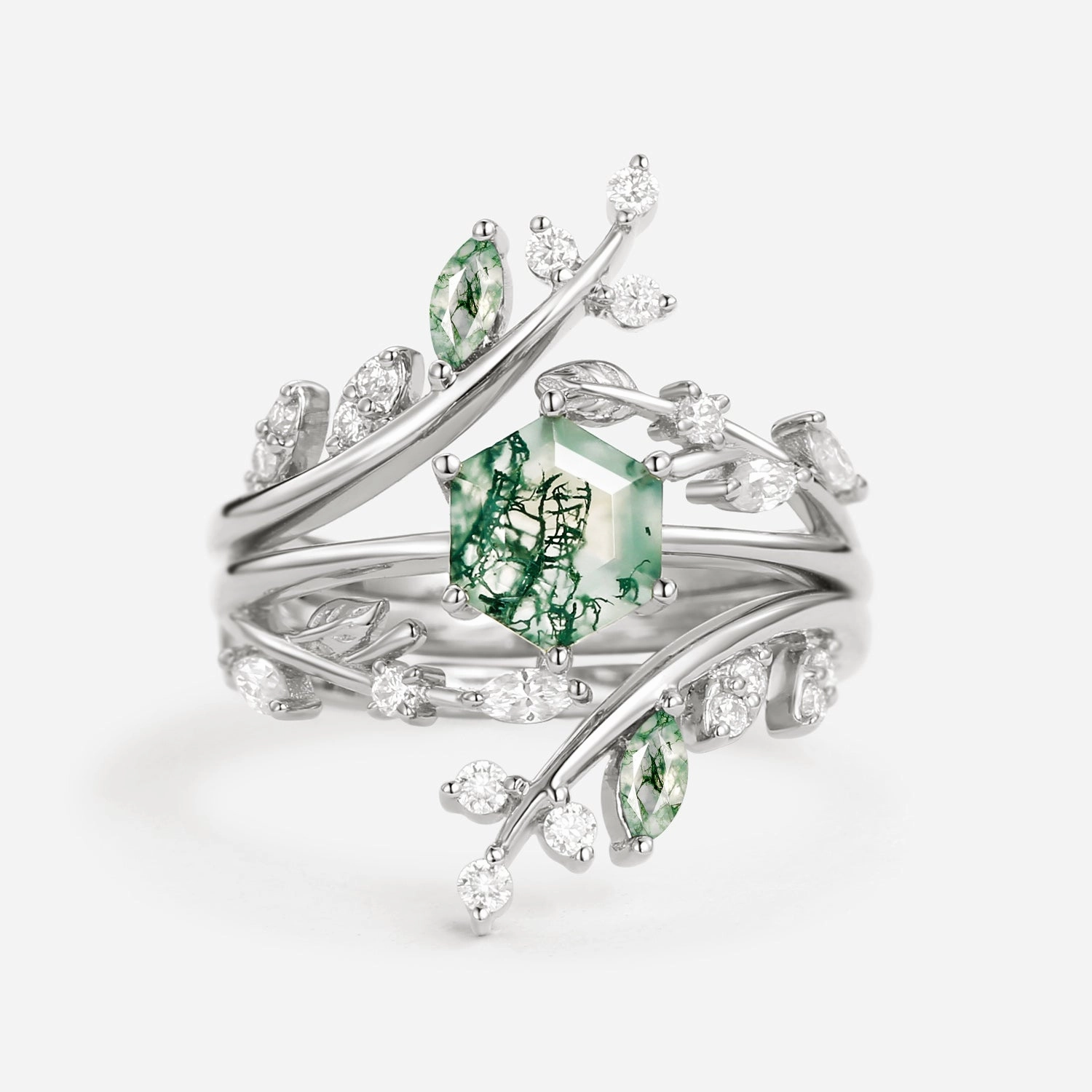 Leafy Hexagon Moss Agate Engagement Ring Set 2pcs Sculpted Detail Classic Shine