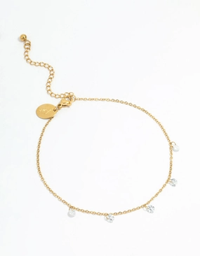 Waterproof Gold Plated Stainless Steel Cubic Zirconia Droplet Anklet Distinct Look Versatile Piece