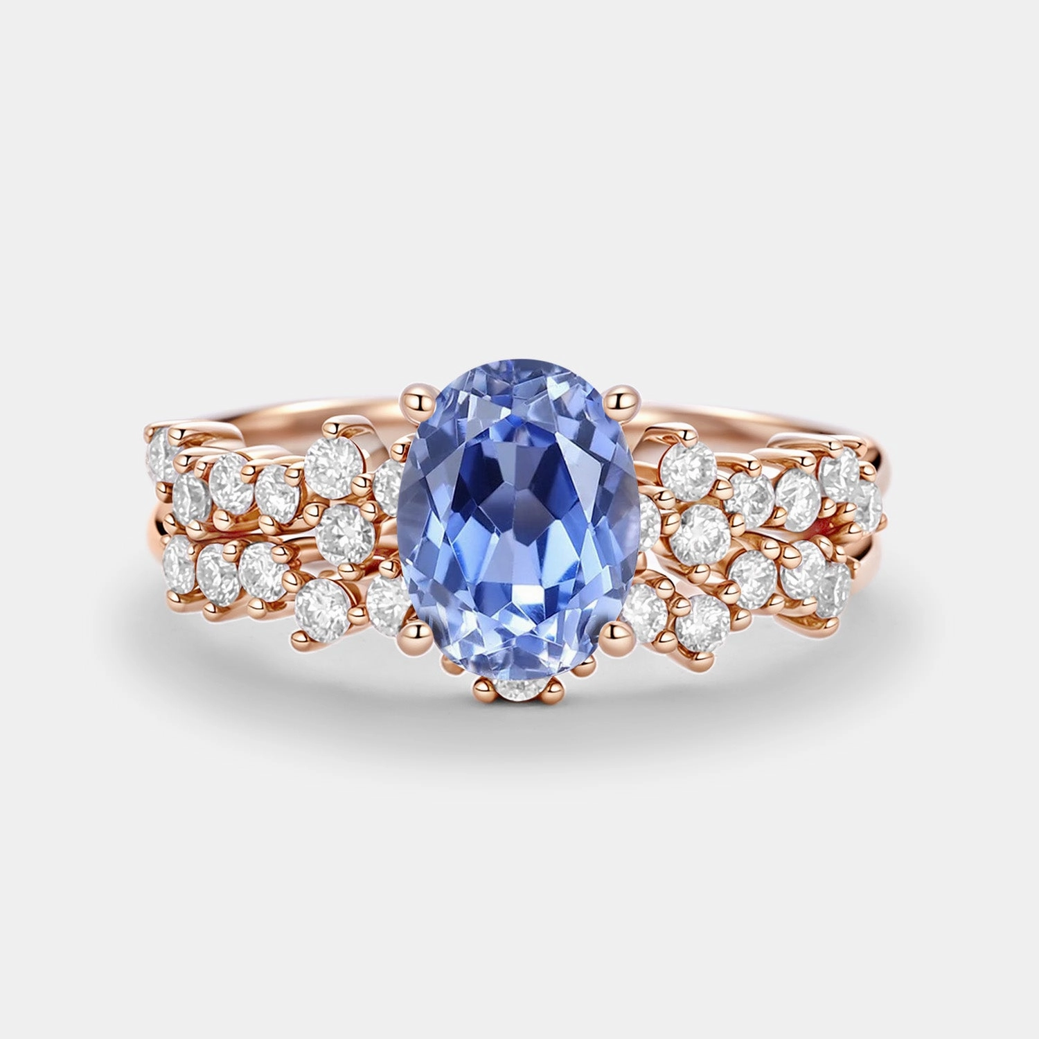 Oval Cut Lab Cornflower Sapphire Classic Cluster Gold Ring Set 2pcs - Megan Gentle Harmony