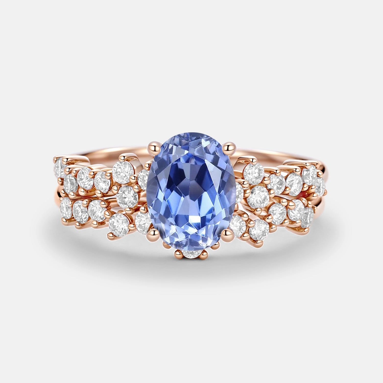 Minimal Beauty Modern Decoration Oval Cut Lab Cornflower Sapphire Classic Cluster Gold Ring Set 2pcs - Megan