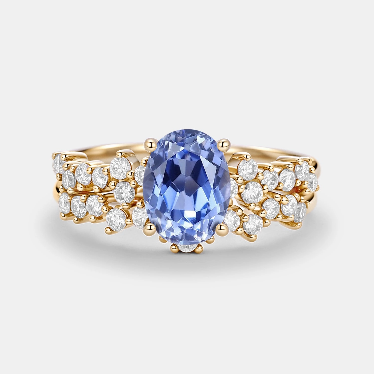muted tone Oval Cut Lab Cornflower Sapphire Classic Cluster Gold Ring Set 2pcs - Megan