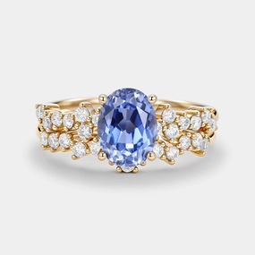 muted tone Oval Cut Lab Cornflower Sapphire Classic Cluster Gold Ring Set 2pcs - Megan