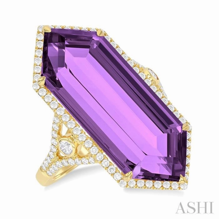 Chic Choice 26x10 MM Hexagon Shape Amethyst and 1/2 Ctw Round Cut Diamond Halo Semi-Precious Ring in 14K Yellow Gold