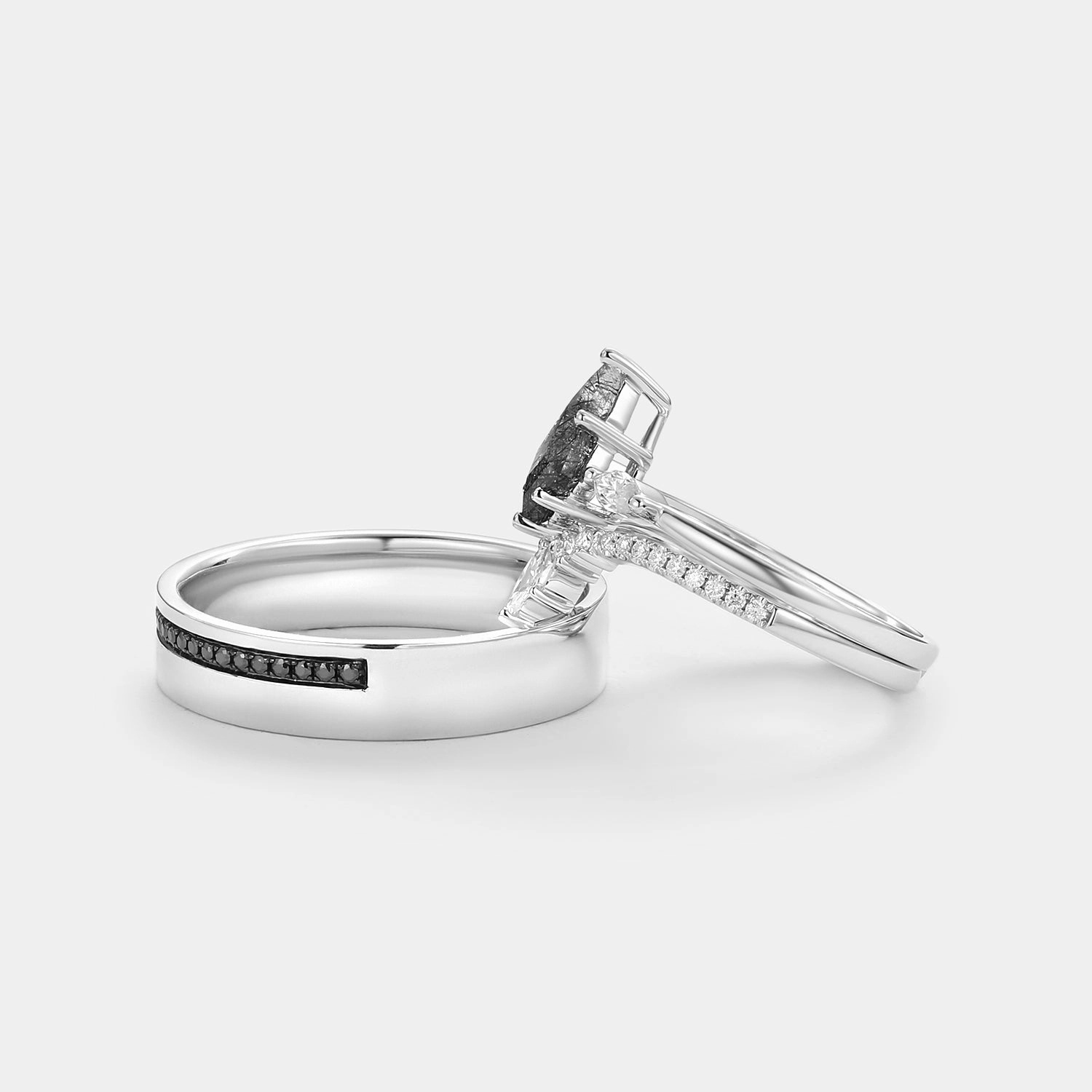 Handcrafted Article Kite Cut Black Rutilated Quartz Couple Ring Set 3pcs - Jream