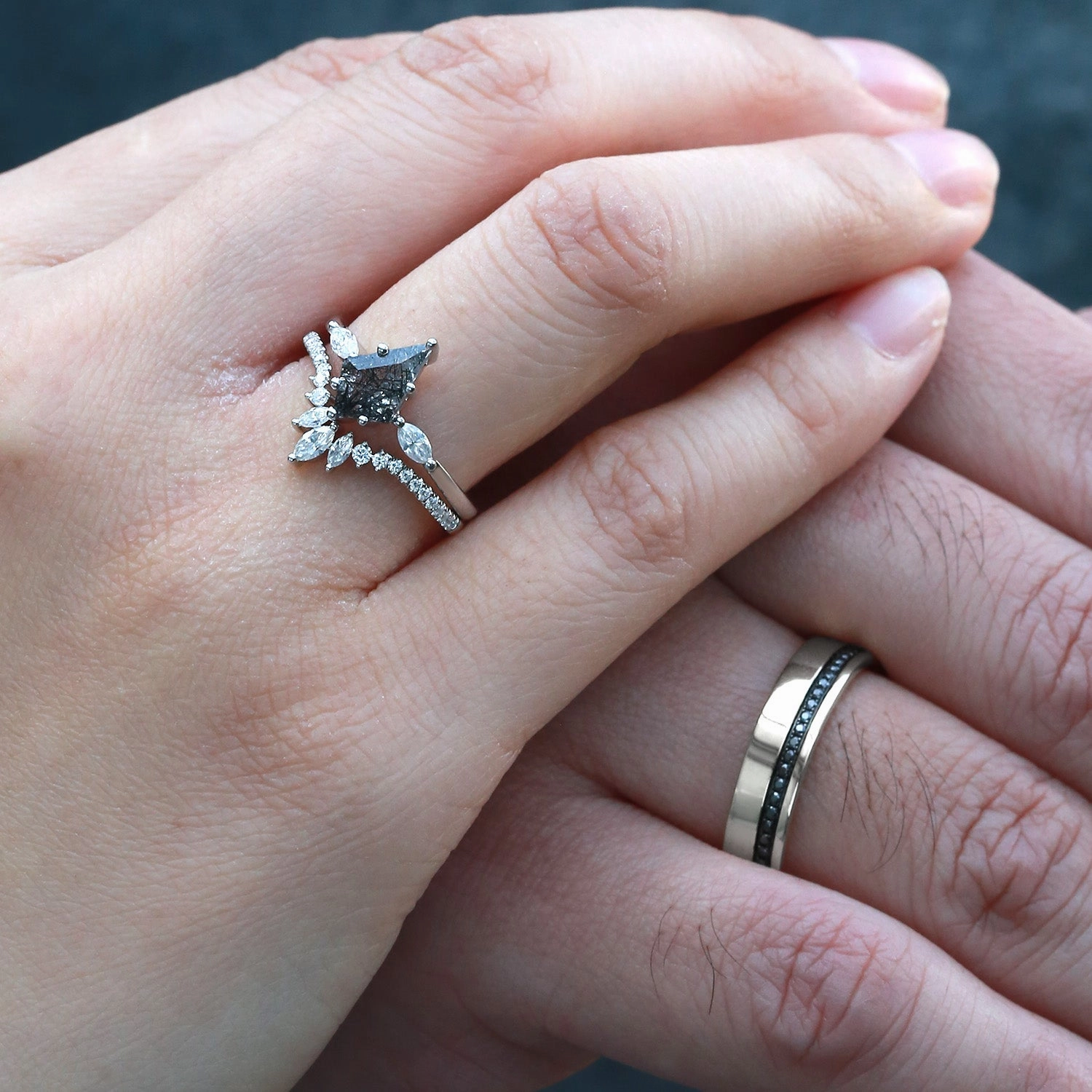 Graceful Balance Wedding Gift Kite Cut Black Rutilated Quartz Couple Ring Set 3pcs - Jream