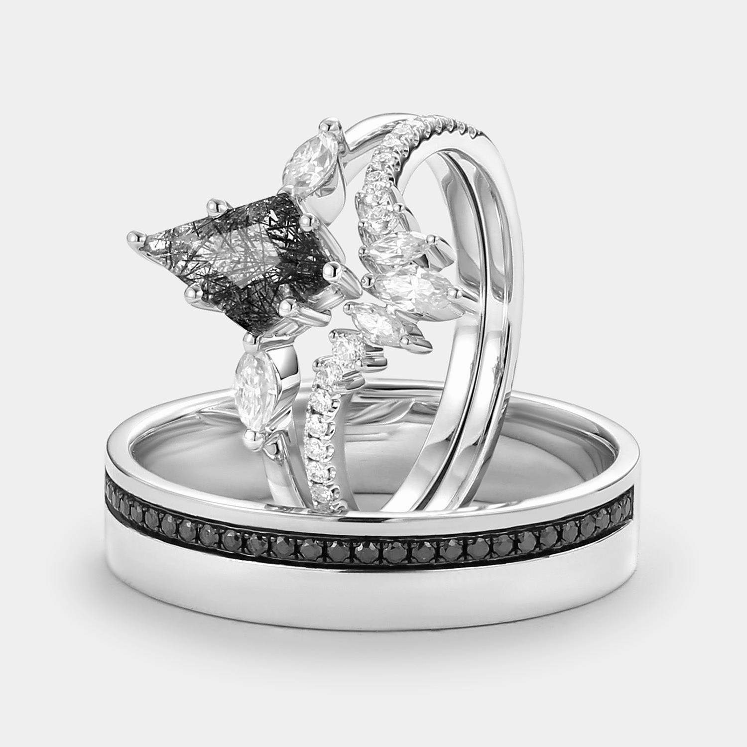 Kite Cut Black Rutilated Quartz Couple Ring Set 3pcs - Jream Traditional Symbol Secure Design
