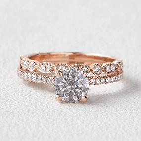 Brilliant Cut Classic 4 Prongs Salt and Pepper Diamonds Engagement Ring Set 2pcs Glowing Details Polished Charm