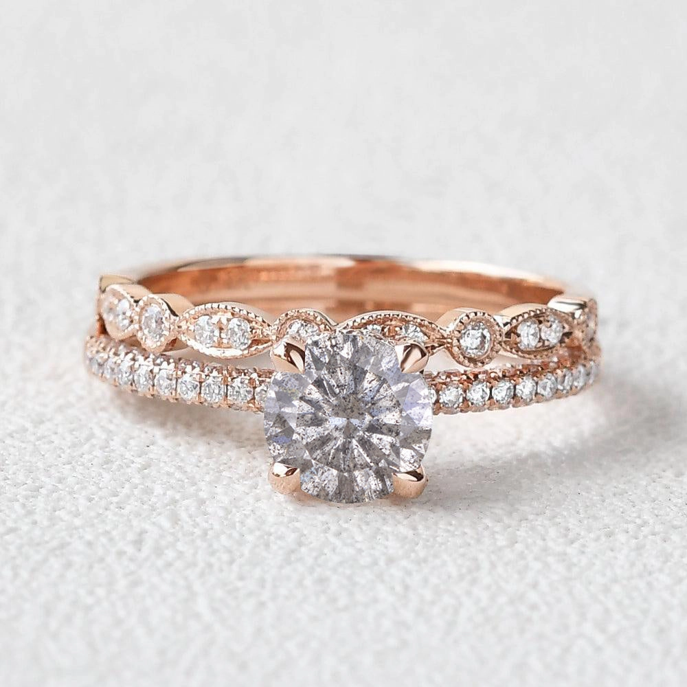 Brilliant Cut Classic 4 Prongs Salt and Pepper Diamonds Engagement Ring Set 2pcs Precious Craft