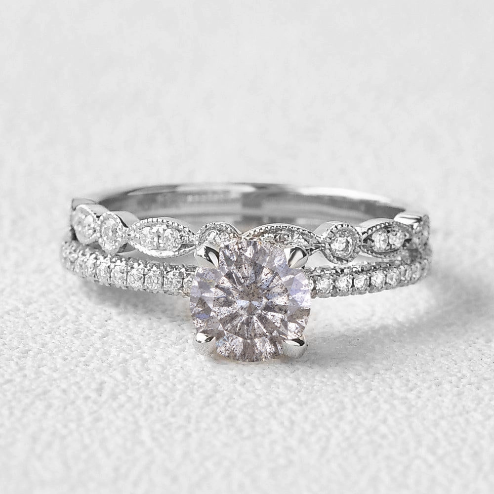 Brilliant Cut Classic 4 Prongs Salt and Pepper Diamonds Engagement Ring Set 2pcs clean look Vibrant Look