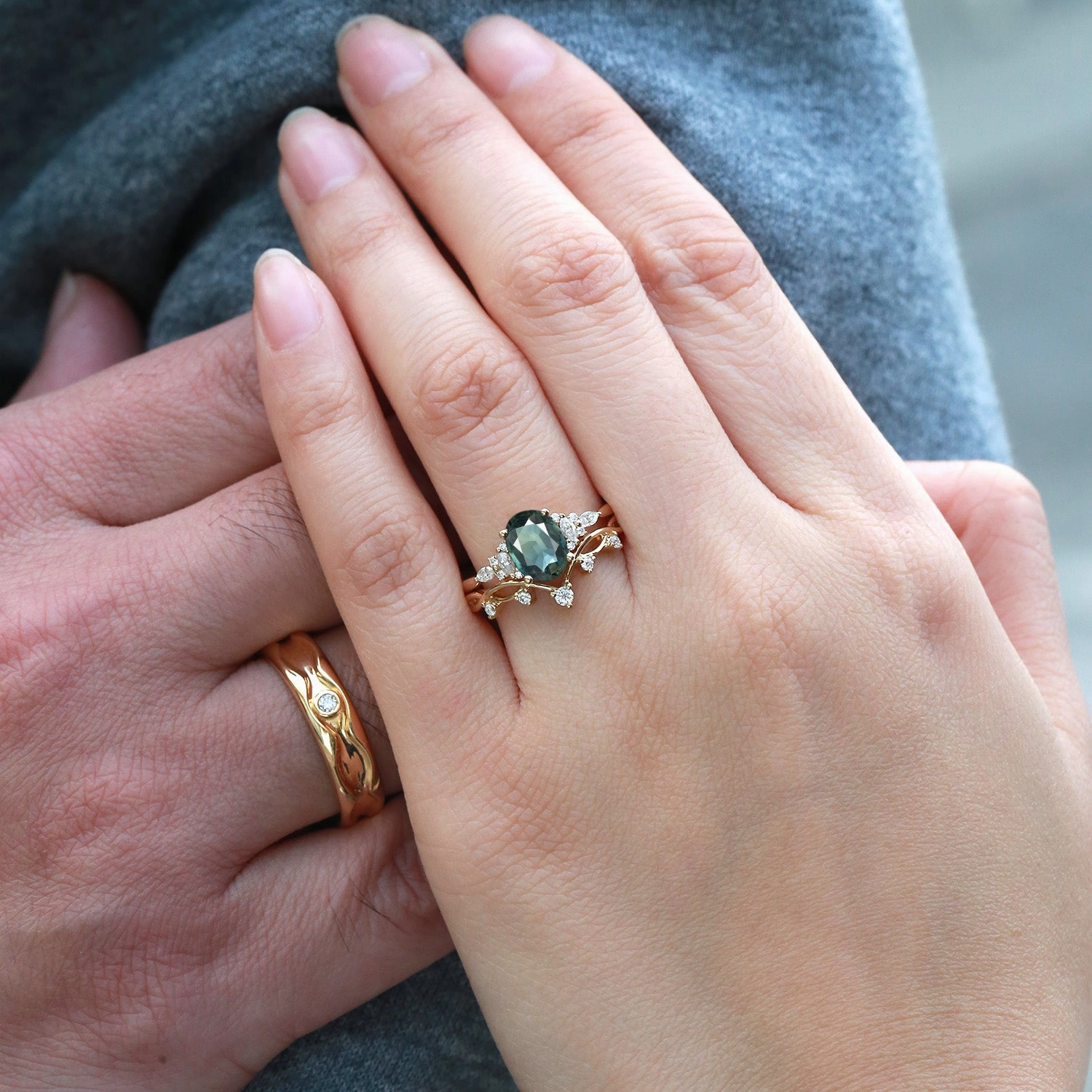 1.5ct Oval Teal Sapphire Leafy Couple Ring Set 3pcs - Ona Exquisite Product Chic Symbol