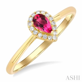 Eternal Embellishment 5x3 MM Pear Shape Pink Tourmaline and 1/20 Ctw Single Cut Diamond Halo Semi-Precious Ring in 14K Yellow Gold