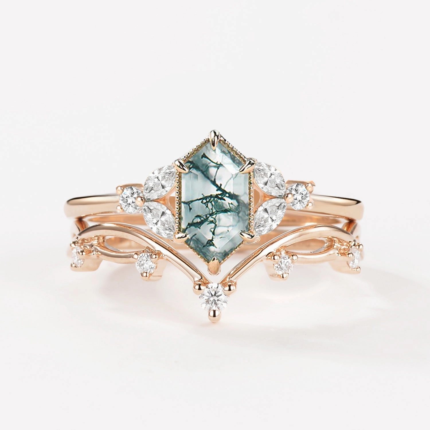 1.5ct Geometric Moss Agate Floral Vintage Ring Set 2PCS Silky Finish