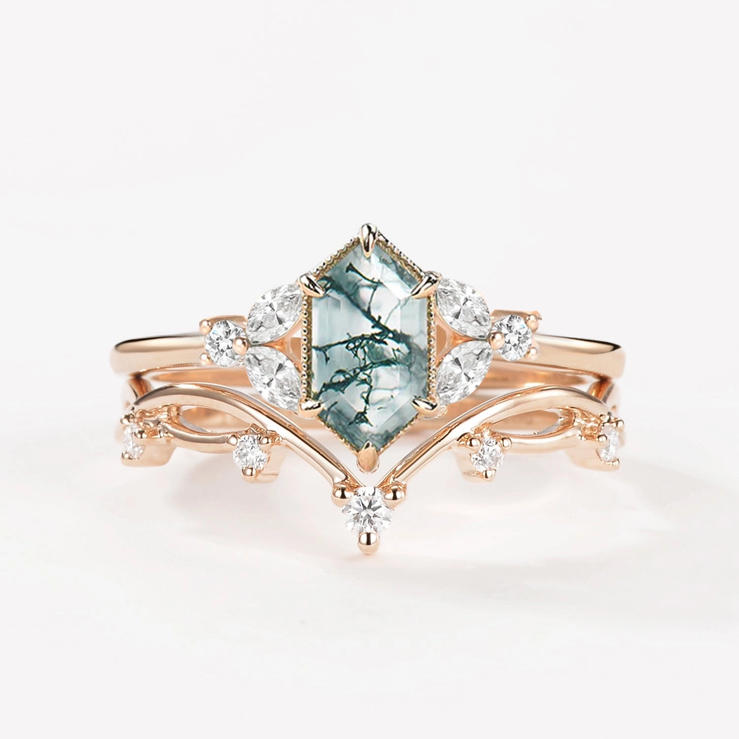 Unique Mark Trendy Finish 1.5ct Geometric Moss Agate Floral Vintage Ring Set 2PCS