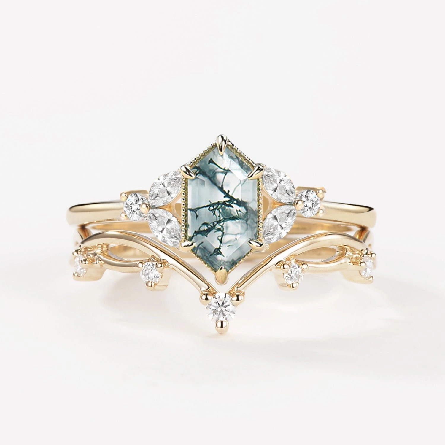 1.5ct Geometric Moss Agate Floral Vintage Ring Set 2PCS Minimal Daywear