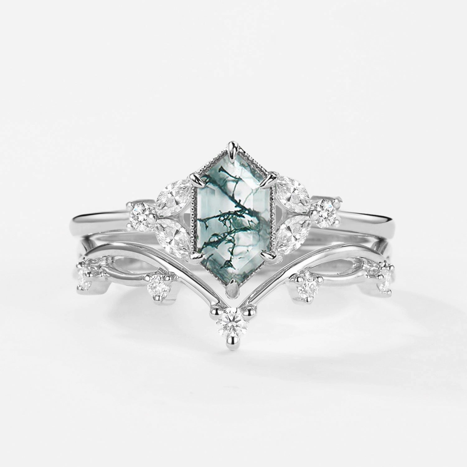 Simple Detail Team Spirit 1.5ct Geometric Moss Agate Floral Vintage Ring Set 2PCS