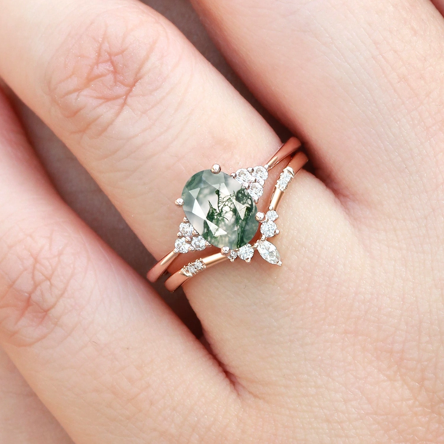 Oval Cut Moss Agate Classic Cluster Gold Ring Set 2pcs - Solara Eternal Gift