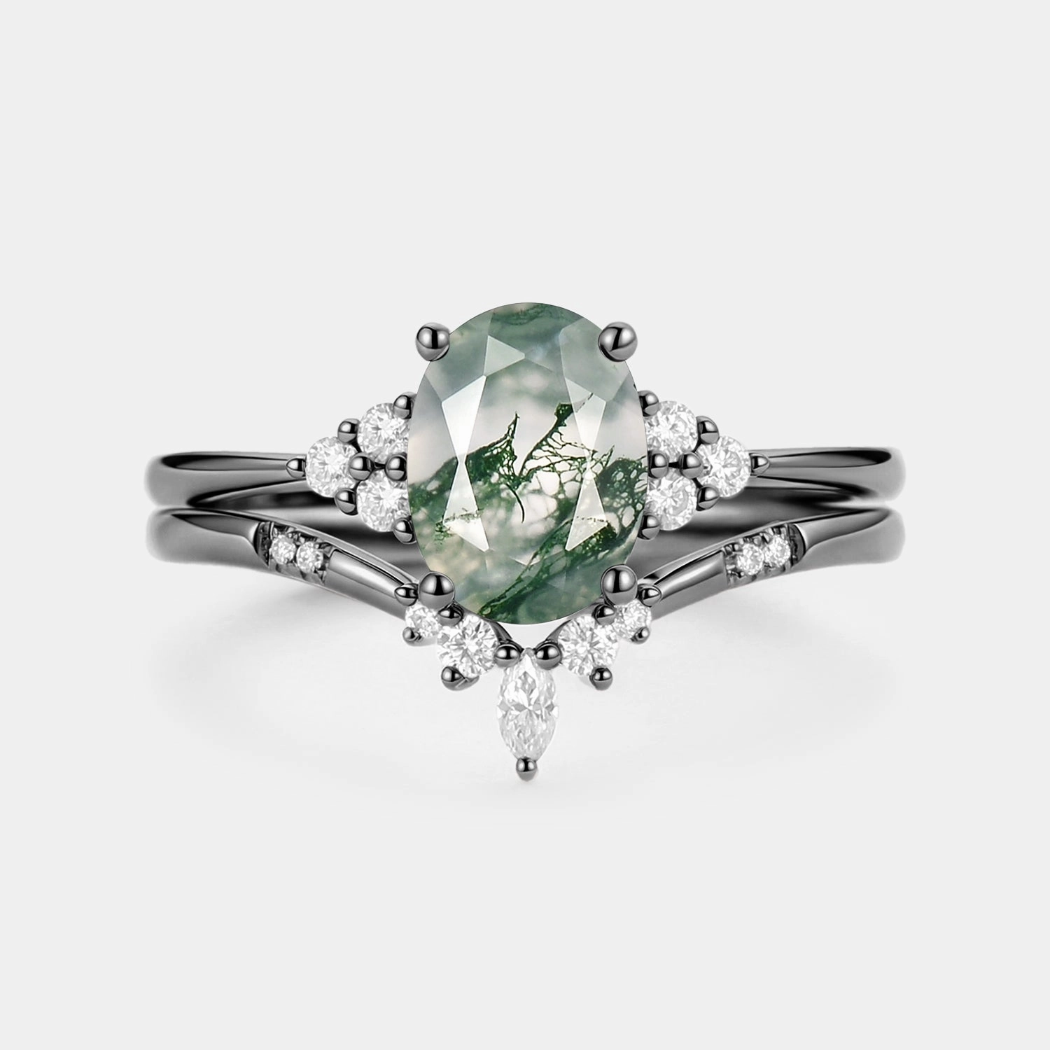 Oval Cut Moss Agate Classic Cluster Gold Ring Set 2pcs - Solara Elegant Work