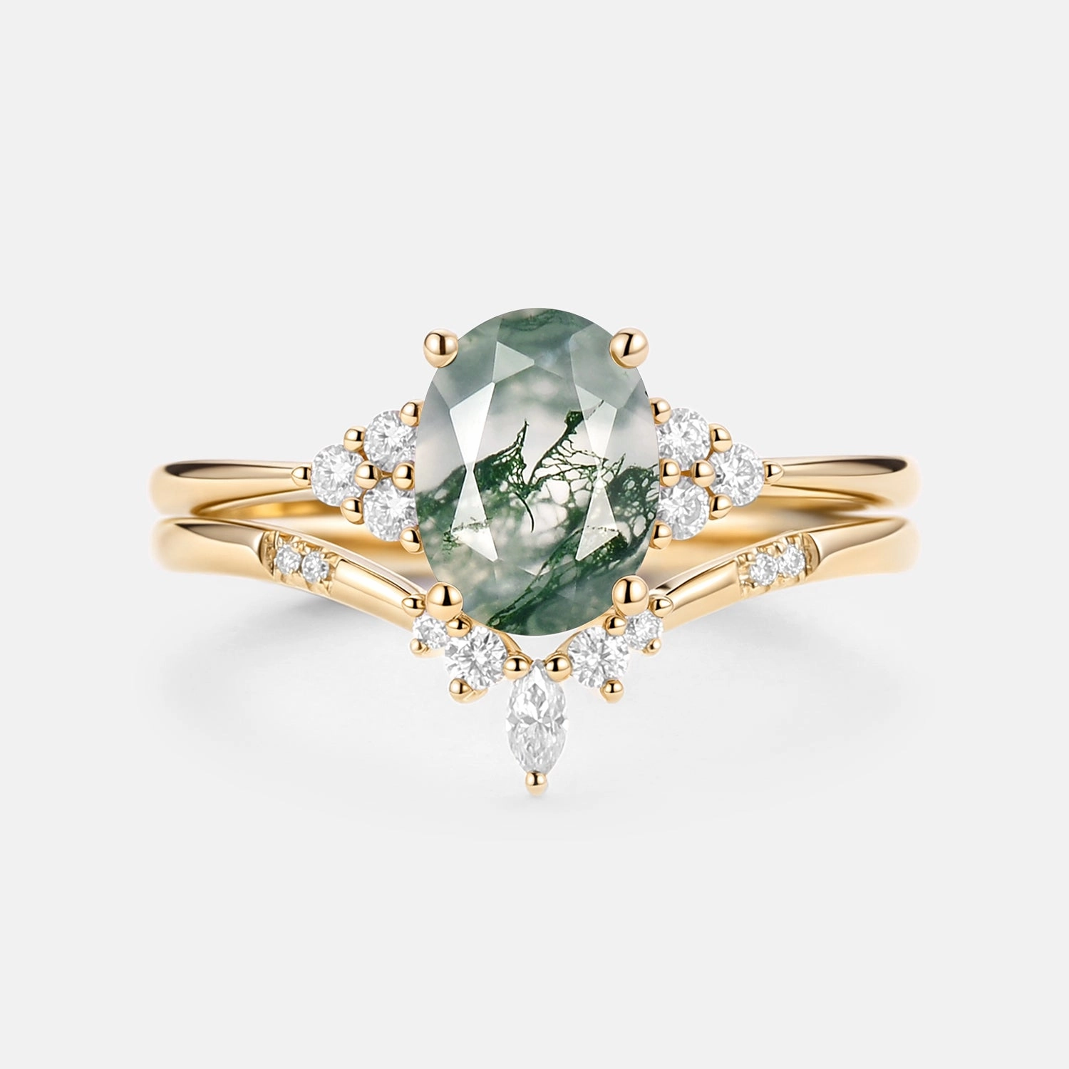 Oval Cut Moss Agate Classic Cluster Gold Ring Set 2pcs - Solara Everyday Look Polished Contour