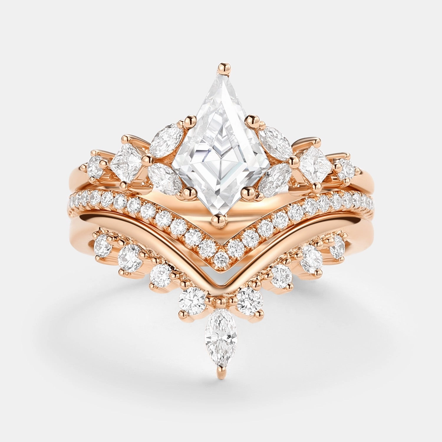 Gift Fit Kite Cut Black Moissanite Stacking Luxurious Engagement Bridal Set 3pcs - Amelia