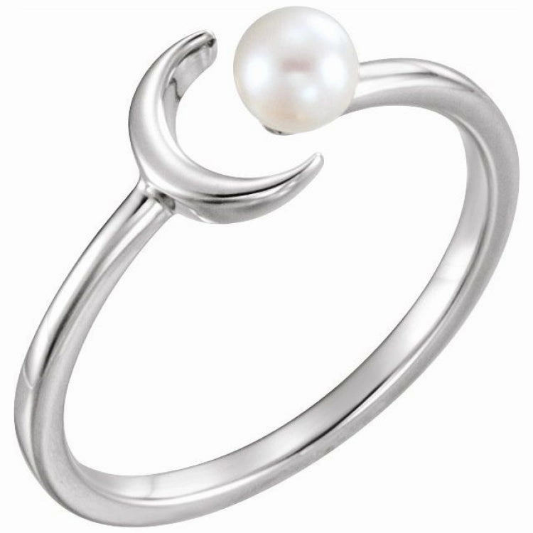 14K White Cultured White Freshwater Pearl Crescent Moon Ring Immediate Use