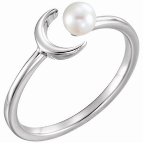 14K White Cultured White Freshwater Pearl Crescent Moon Ring Immediate Use