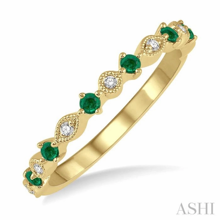 Minimal Pop 1.8 MM Round Cut Emerald and 1/20 ctw Round Cut Diamond Precious Half Eternity Wedding Band in 14K Yellow Gold