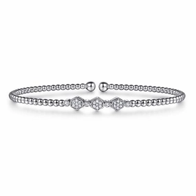 14K White Gold Bujukan Bead and Hexagon Cluster Diamond Bangle Sparkling Touch