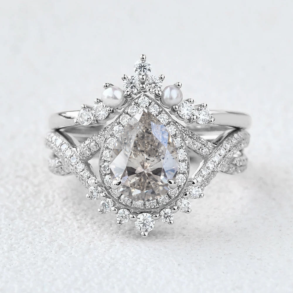 Pear Shape Salt and Pepper Diamonds Halo Pearl Ring Set 2pcs Sophisticated Vibe