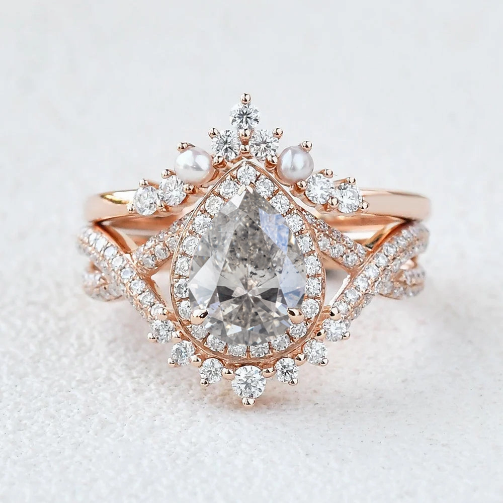 Opulent Edge Unique Detail Pear Shape Salt and Pepper Diamonds Halo Pearl Ring Set 2pcs