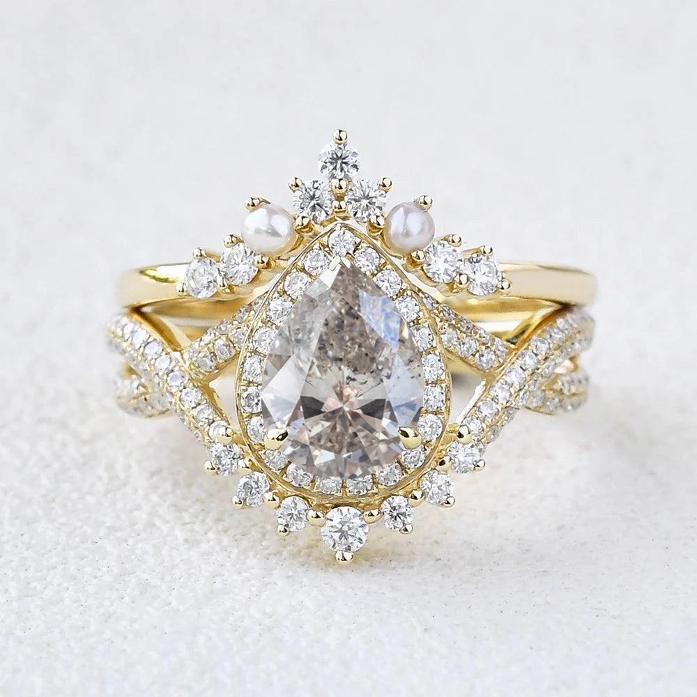 Radiant Finish Lively Accent Pear Shape Salt and Pepper Diamonds Halo Pearl Ring Set 2pcs